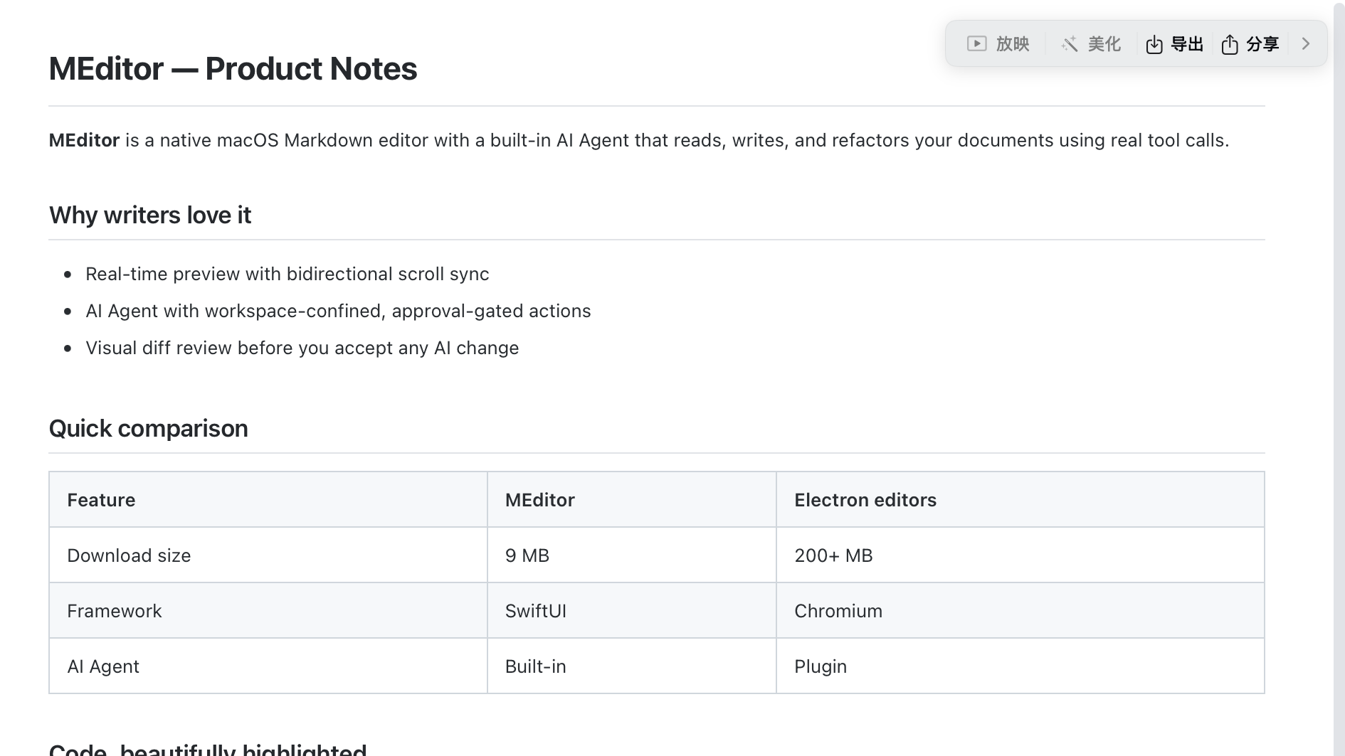 Rendered Markdown preview with tables and lists